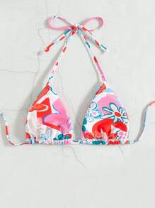 SHEIN Swim 花卉圖案吊脖三角杯比基尼上衣 - 彩色 - 查看 2