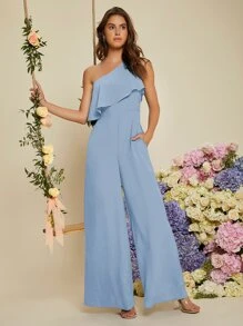 SHEIN Belle 單肩荷葉邊闊腿連體褲 - 淺藍色 - 查看 5