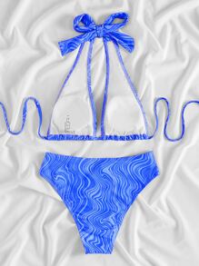 SHEIN Swim Summer Beach Fluid Pattern Halter High Waisted Bikini - Blue - View 2