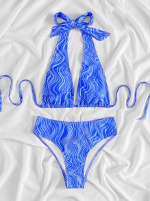 SHEIN Swim Summer Beach Fluid Pattern Halter High Waisted Bikini - Blue - View 5