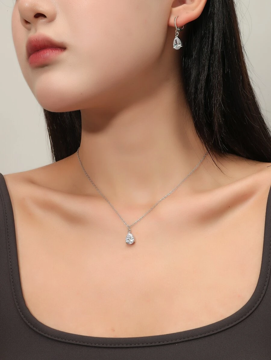 3pcs Water-drop Gemstone Decor Jewelry Set - Silver - View 1