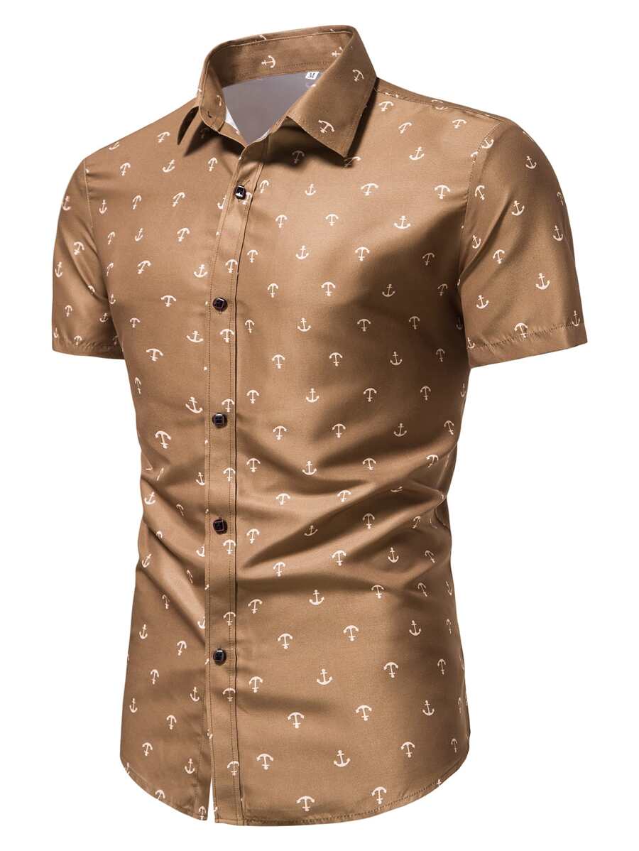 Manfinity Homme Men Allover Anchor Print Loose Shirt - Coffee Brown - View 1