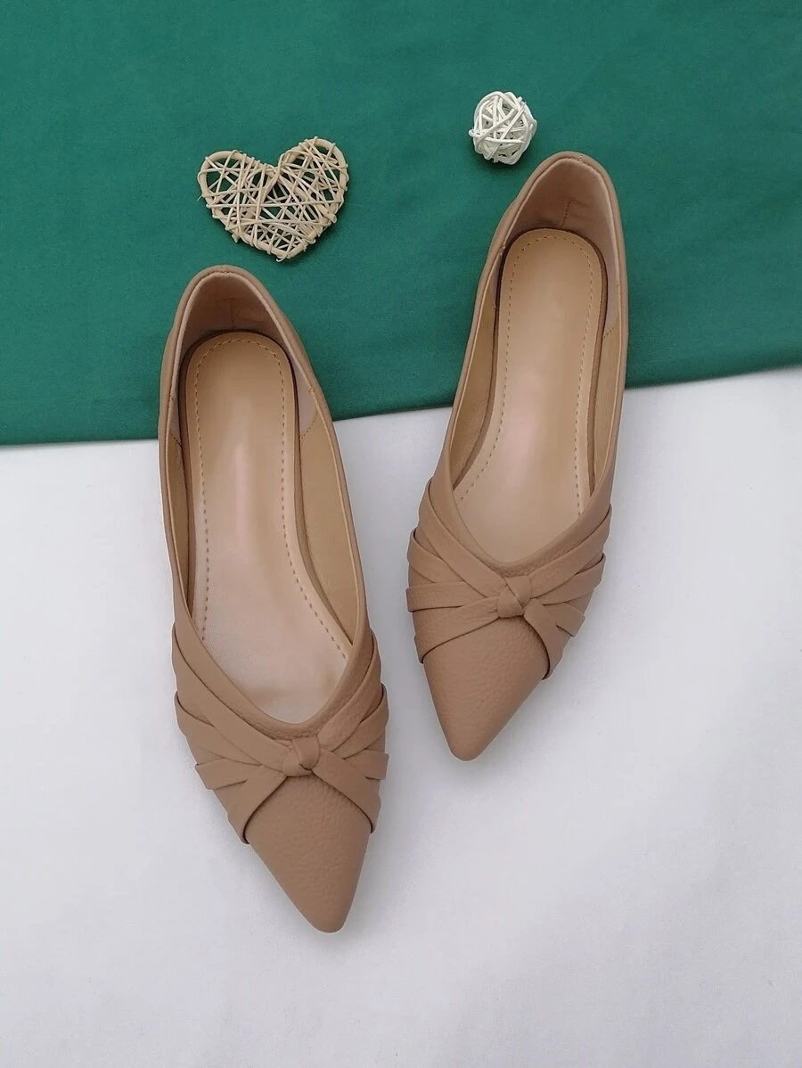 秋冬女士芭蕾平底尖头一脚蹬休闲优雅交叉凉鞋，适合日常穿着 - 卡其色 - 查看 1