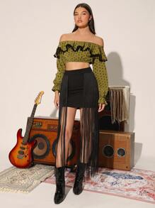 Polka Dot Off Shoulder Pompom Ruffle Trim Flounce Sleeve Blouse - Army Green - View 1