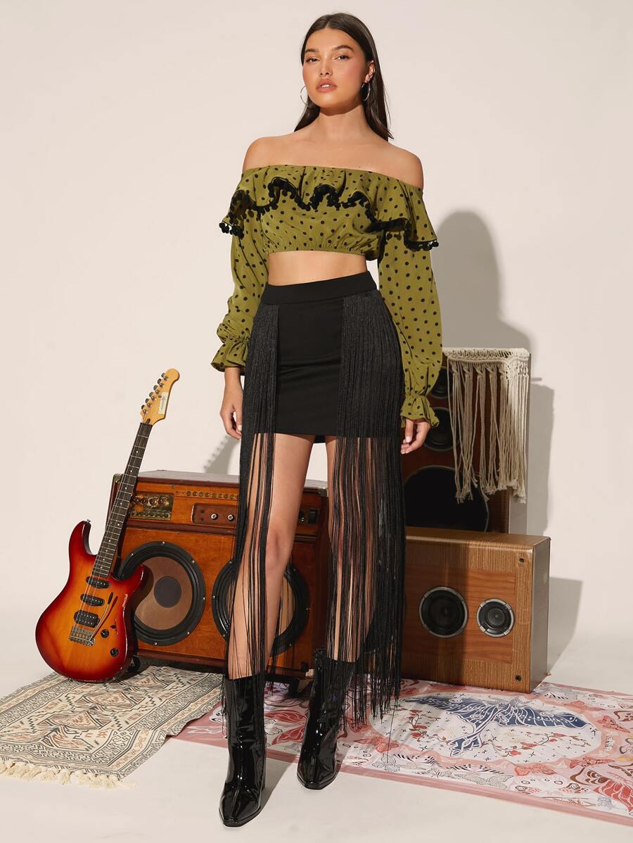 Polka Dot Off Shoulder Pompom Ruffle Trim Flounce Sleeve Blouse - Army Green - View 1