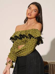 Polka Dot Off Shoulder Pompom Ruffle Trim Flounce Sleeve Blouse - Army Green - View 3