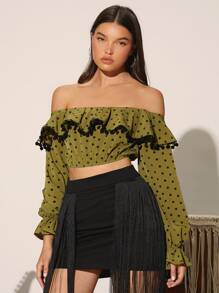 Polka Dot Off Shoulder Pompom Ruffle Trim Flounce Sleeve Blouse - Army Green - View 4