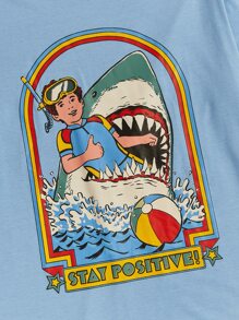 Stevenrhodes ROMWE MEN Camiseta de algodón con gráfico de letra para hombre, escuela - Azul - Ver 3