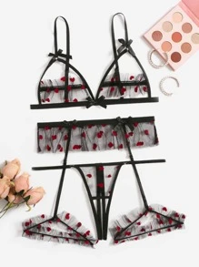 3 piezas Set de lencería con patrón de corazón de malla arnés con liga sin sujetador - Negro - Ver 1