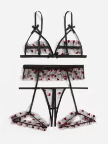 3 piezas Set de lencería con patrón de corazón de malla arnés con liga sin sujetador - Negro - Ver 2