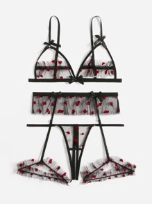 3 piezas Set de lencería con patrón de corazón de malla arnés con liga sin sujetador - Negro - Ver 4