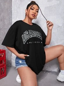 SHEIN EZwear Áo thun Plus size Lá thư Giải trí - màu đen - Xem 1