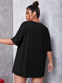 SHEIN EZwear Áo thun Plus size Lá thư Giải trí - màu đen - Xem 2
