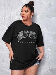 SHEIN EZwear Áo thun Plus size Lá thư Giải trí - màu đen - Xem 3