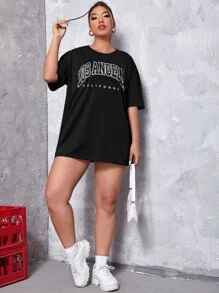 SHEIN EZwear Áo thun Plus size Lá thư Giải trí - màu đen - Xem 5