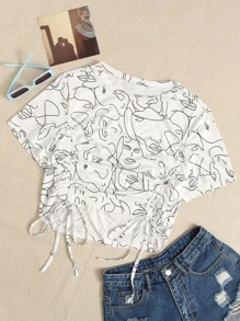 CovetEZ 大碼抽象人物圖案抽繩下擺T恤 - 白色 - 查看 1