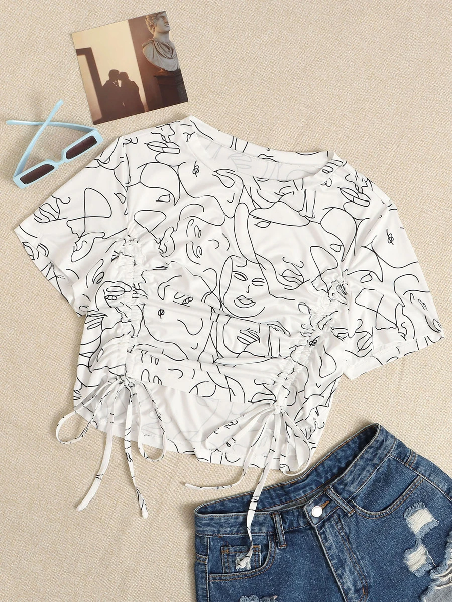 CovetEZ 大碼抽象人物圖案抽繩下擺T恤 - 白色 - 查看 1