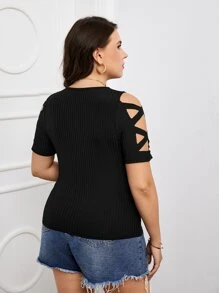 大碼十字交叉挖肩T恤 - 黑色 - 查看 2