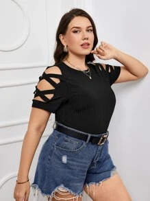 大碼十字交叉挖肩T恤 - 黑色 - 查看 4