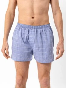 男士格紋印花平角內褲 - 藍色 - 查看 1