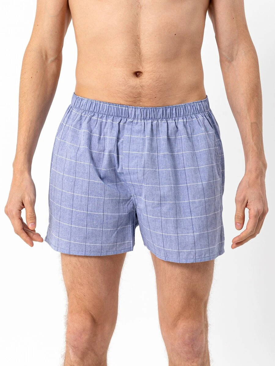 男士格紋印花平角內褲 - 藍色 - 查看 1