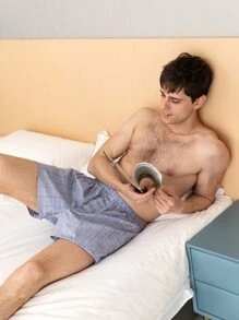 男士格紋印花平角內褲 - 藍色 - 查看 6