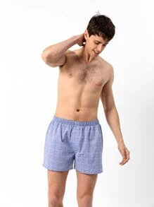 男士格紋印花平角內褲 - 藍色 - 查看 7