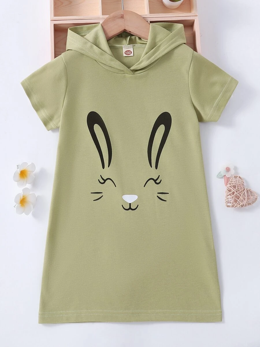 Niñitas Vestido estilo camiseta con estampado de conejo con capucha - Verde militar - Ver 1