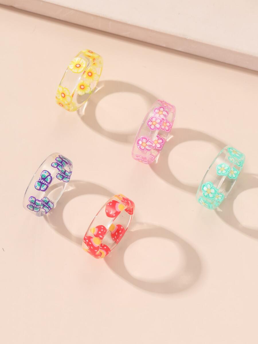 5 chiếc nhẫn in hoa và bướm - Nhiều màu - Xem 1