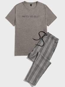 GENTILAND Men Letter Graphic Tee & Plaid Drawstring Waist Trousers - Multicolor - View 1