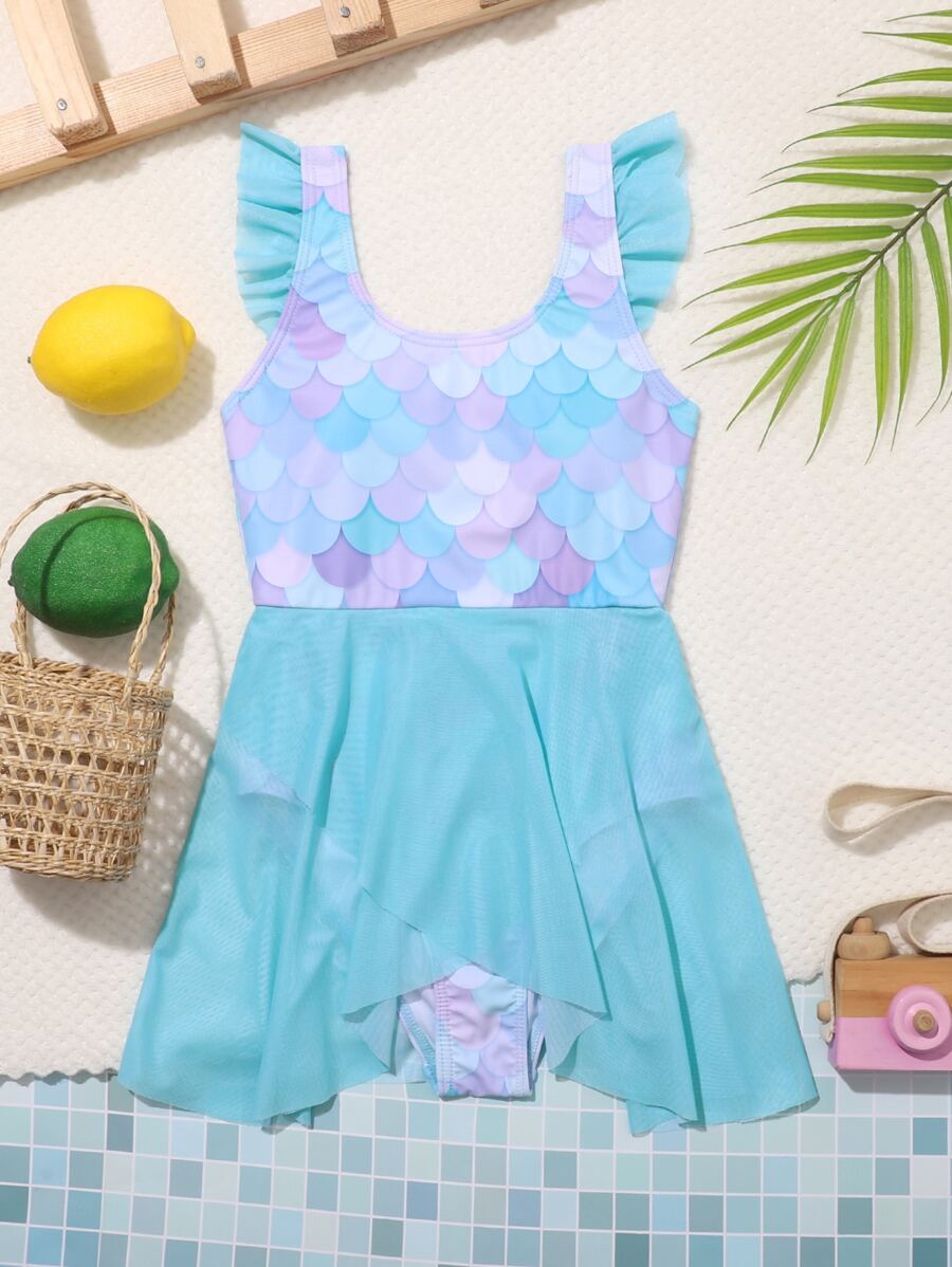 Girls Fish Scales Frill Trim One Piece Swimsuit - Baby Blue - View 1