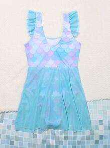 Girls Fish Scales Frill Trim One Piece Swimsuit - Baby Blue - View 2