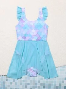 Girls Fish Scales Frill Trim One Piece Swimsuit - Baby Blue - View 3