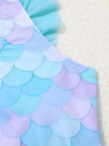 Girls Fish Scales Frill Trim One Piece Swimsuit - Baby Blue - View 4