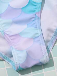 Girls Fish Scales Frill Trim One Piece Swimsuit - Baby Blue - View 5