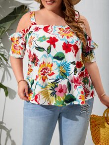 SHEIN Thai sản Hơn In hoa Vai lạnh Áo sơ mi - Nhiều màu - Xem 2