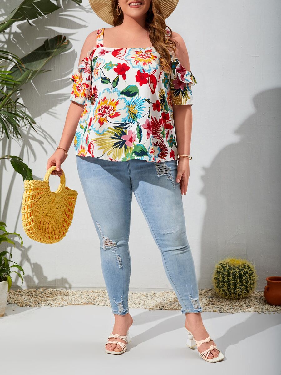 SHEIN Thai sản Hơn In hoa Vai lạnh Áo sơ mi - Nhiều màu - Xem 1