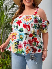 SHEIN Thai sản Hơn In hoa Vai lạnh Áo sơ mi - Nhiều màu - Xem 5