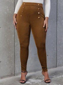 SHEIN Allurite Plus High Waist Button Detail Skinny Trousers - Brown - View 1