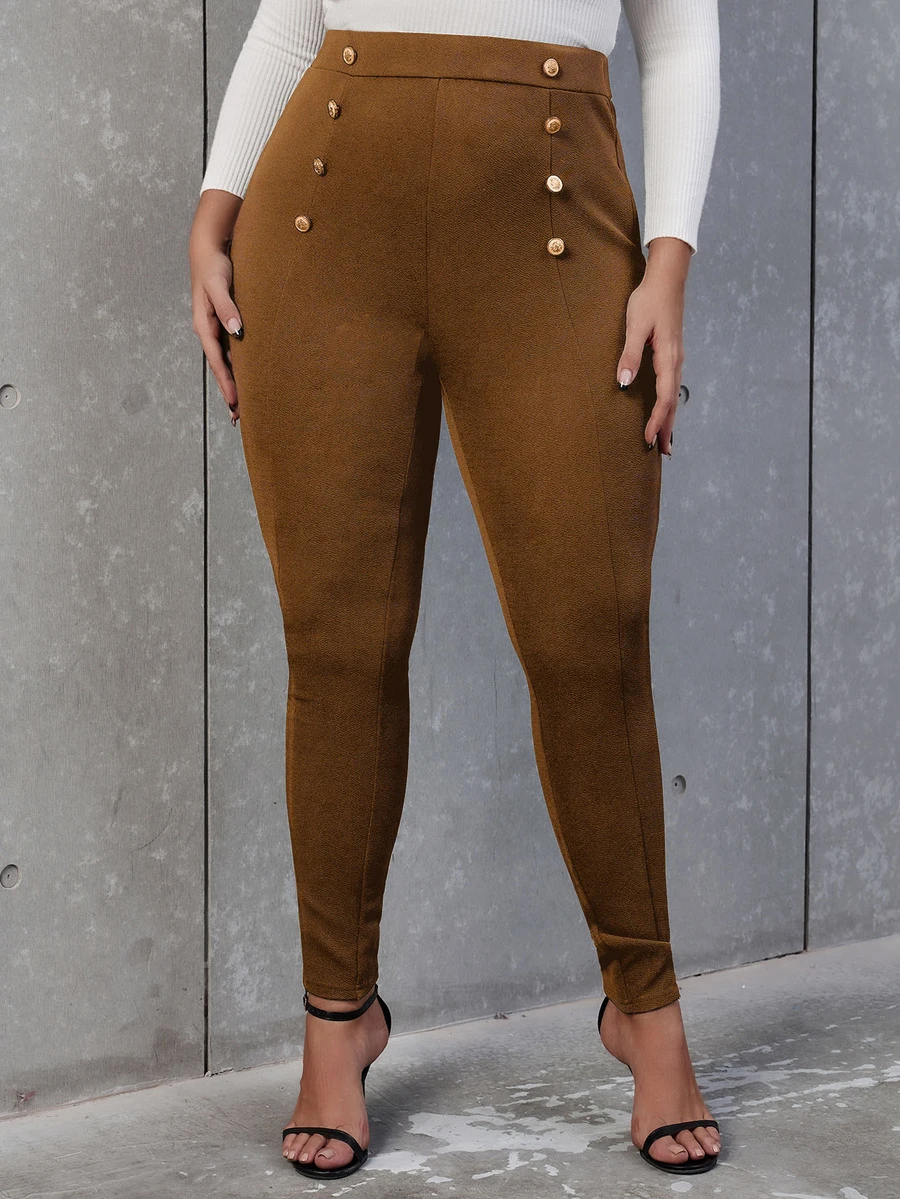 SHEIN Allurite Plus High Waist Button Detail Skinny Trousers - Brown - View 1