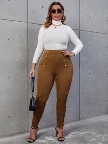 SHEIN Allurite Plus High Waist Button Detail Skinny Trousers - Brown - View 3