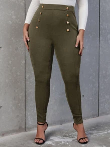 SHEIN Allurite Pantalones ajustados de talle alto con diseño de botón - Verde militar - Ver 1