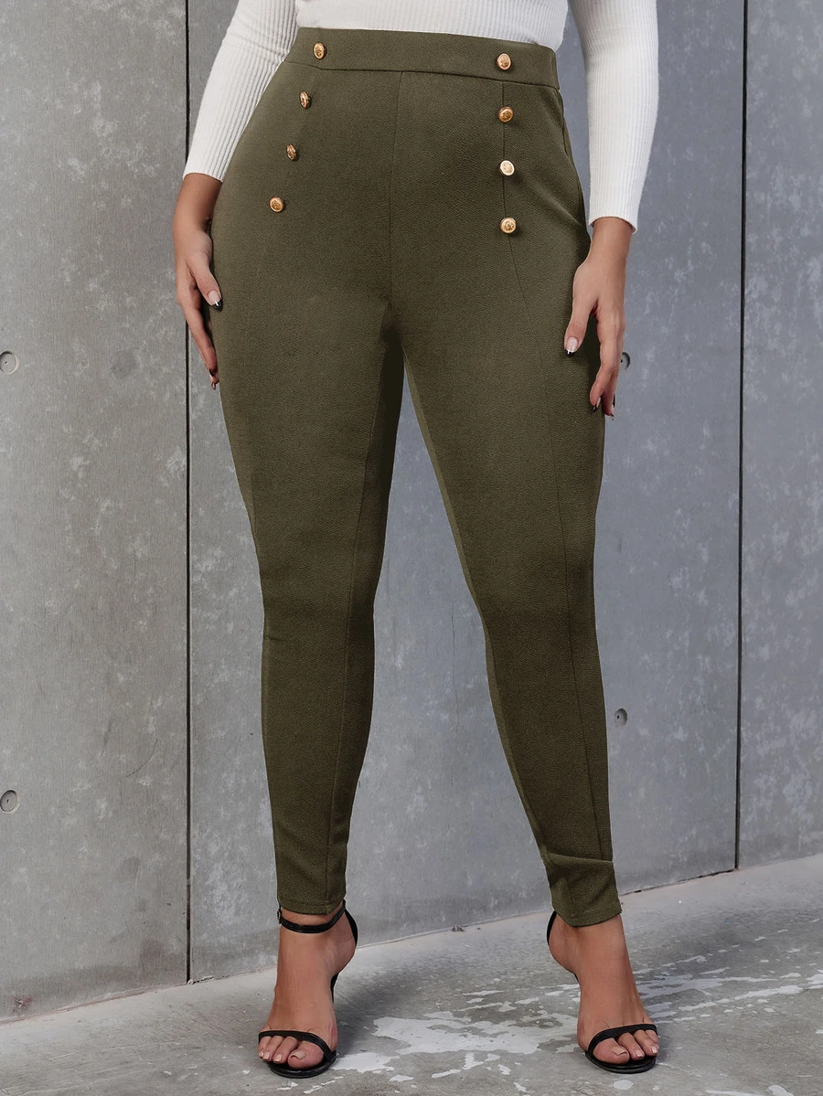 SHEIN Allurite Pantalones ajustados de talle alto con diseño de botón - Verde militar - Ver 1