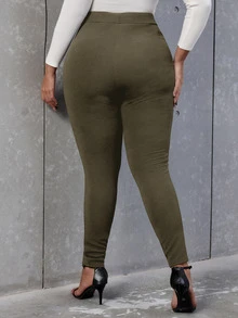 SHEIN Allurite Pantalones ajustados de talle alto con diseño de botón - Verde militar - Ver 2