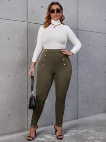 SHEIN Allurite Pantalones ajustados de talle alto con diseño de botón - Verde militar - Ver 3