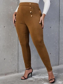 SHEIN Allurite Plus High Waist Button Detail Skinny Trousers - Brown - View 5