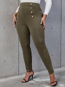 SHEIN Allurite Pantalones ajustados de talle alto con diseño de botón - Verde militar - Ver 4