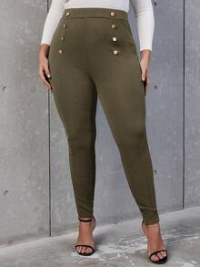 SHEIN Allurite Pantalones ajustados de talle alto con diseño de botón - Verde militar - Ver 5