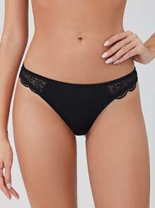 Ocili Contrast Lace Thong Sexy Lingerie Black Panties - Black - View 4