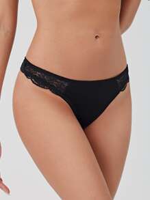 Ocili Contrast Lace Thong Sexy Lingerie Black Panties - Black - View 1